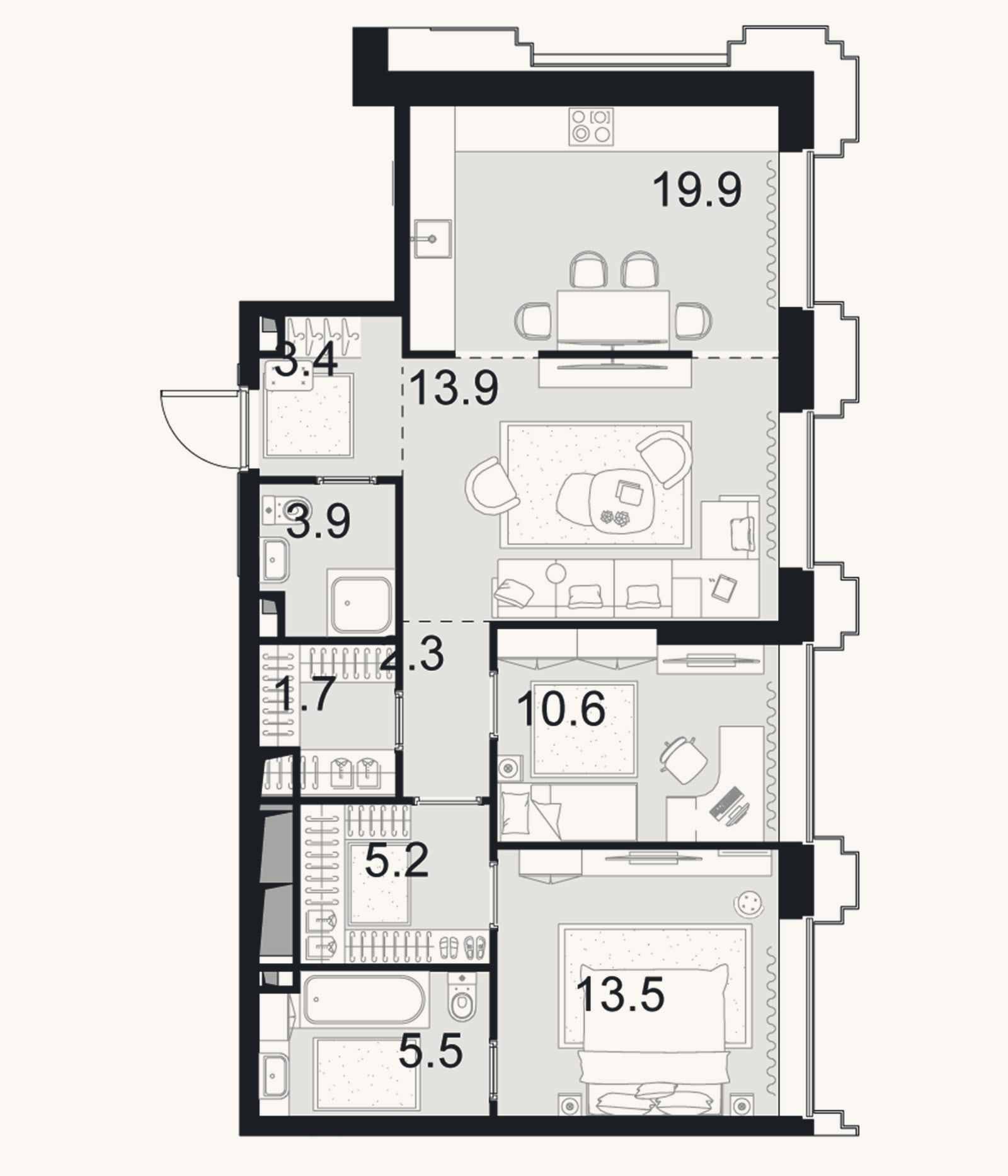 Планировка: 3-к, 79,9 м²