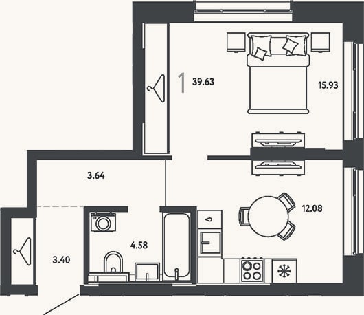 Планировка: 1-к, 39,6 м²