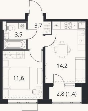 Планировка: 1-к, 33 м²