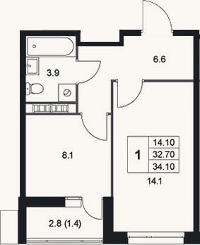 Планировка: 1-к, 32,7 м²