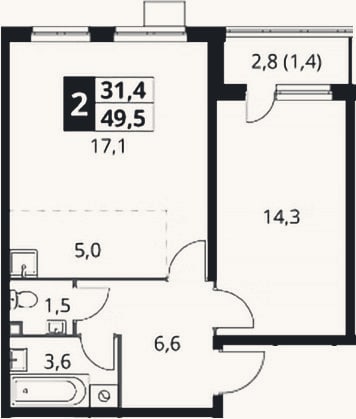 Планировка: 2-к, 48,1 м²