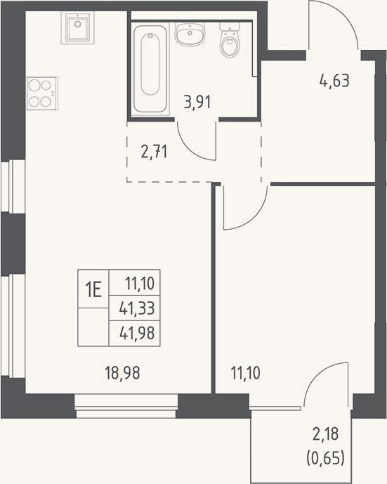 Планировка: 2-к, 41,3 м²
