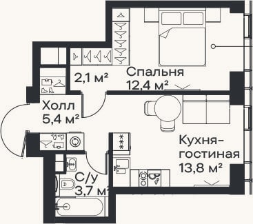 Планировка: 2-к, 37,4 м²