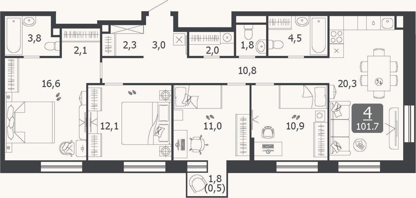 Планировка: 4+ к, 101,2 м²