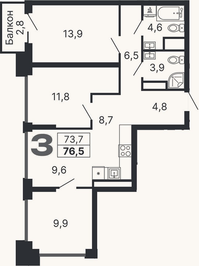Планировка: 3-к, 73,7 м²