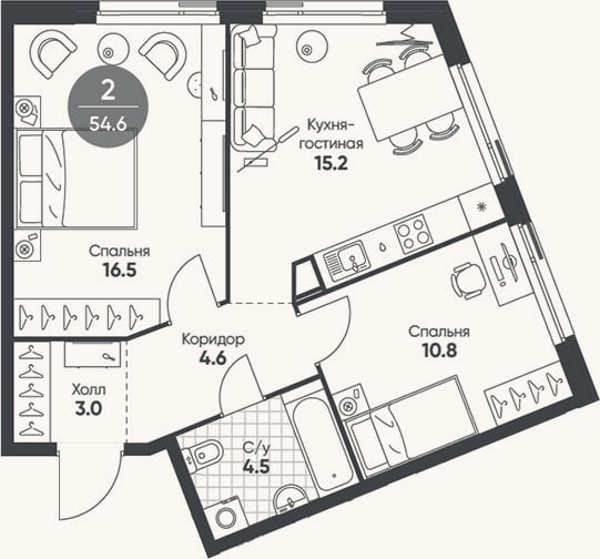 Планировка: 3-к, 54,6 м²