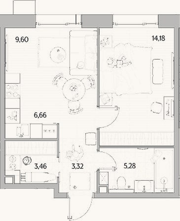 Планировка: 2-к, 42,5 м²
