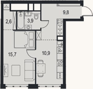 Планировка: 1-к, 42,9 м²