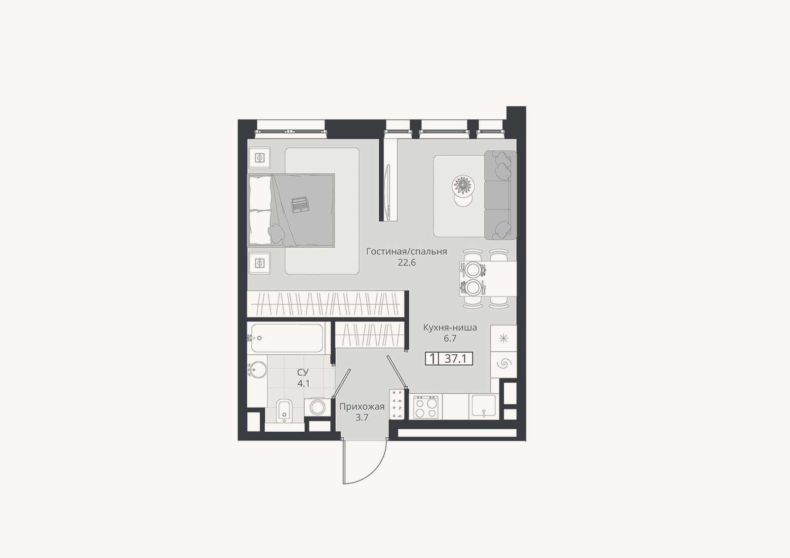 Планировка: 1-к, 37,1 м²