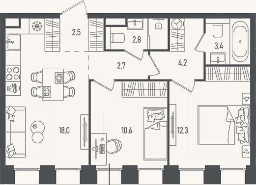 Планировка: 3-к, 56,5 м²