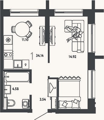 Планировка: 1-к, 34,1 м²