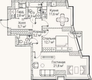 Планировка: 2-к, 66,2 м²