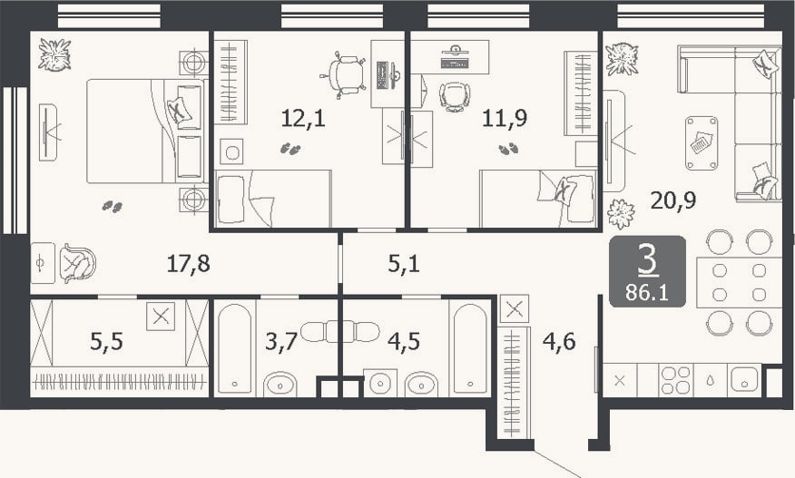 Планировка: 4+ к, 86,1 м²