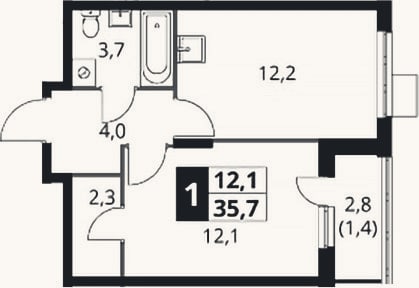 Планировка: 1-к, 34,3 м²