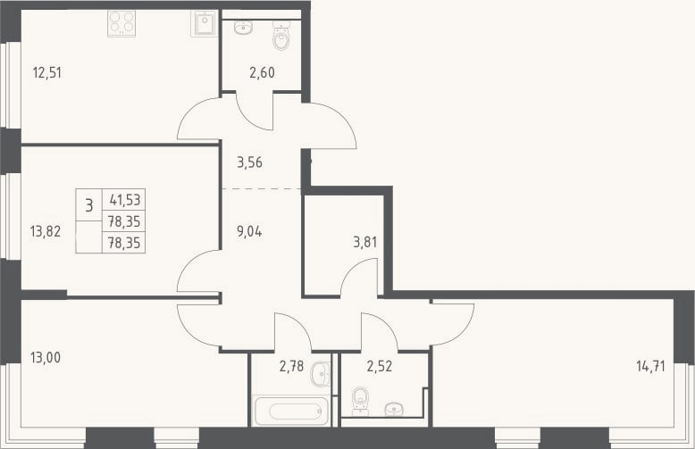 Планировка: 3-к, 78,4 м²