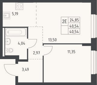 Планировка: 2-к, 40,5 м²
