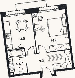Планировка: 1-к, 39,5 м²