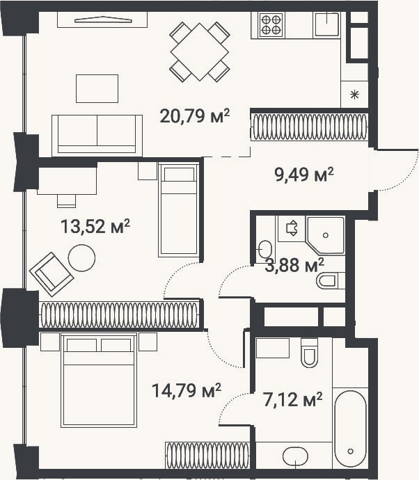 Планировка: 3-к, 69,6 м²