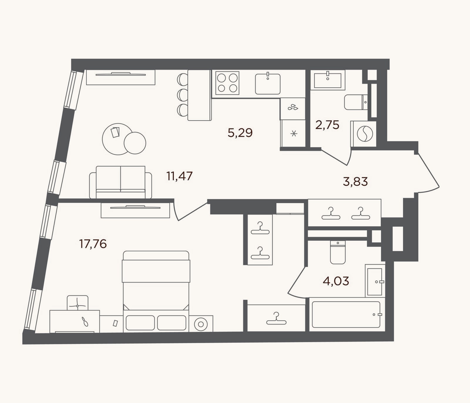 Планировка: 2-к, 45,1 м²