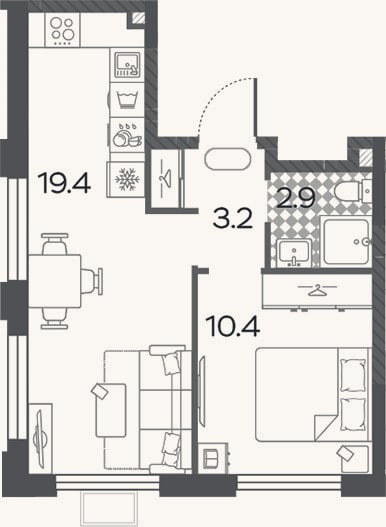 Планировка: 2-к, 35,9 м²