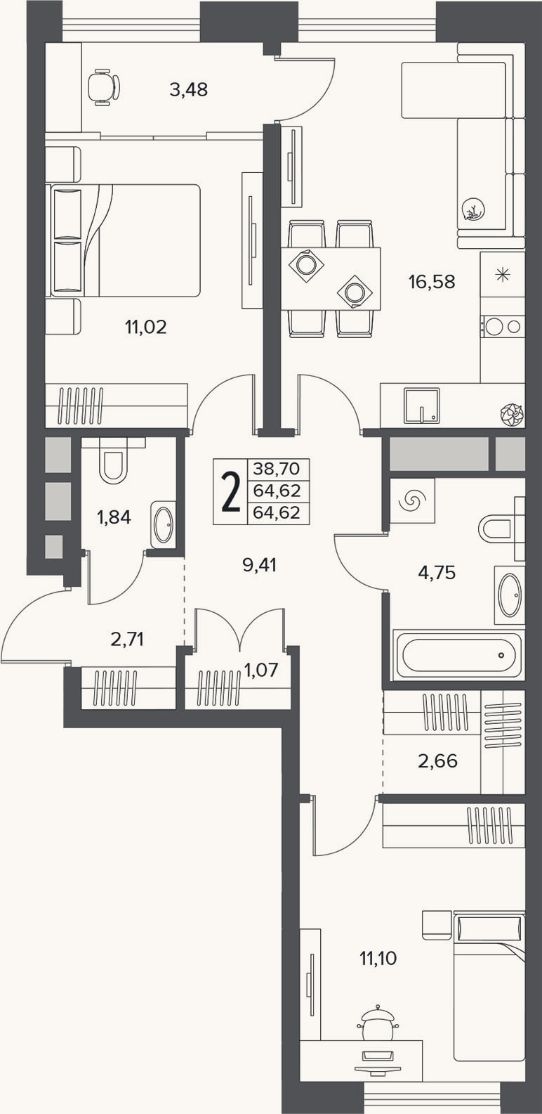 Планировка: 3-к, 64,6 м²