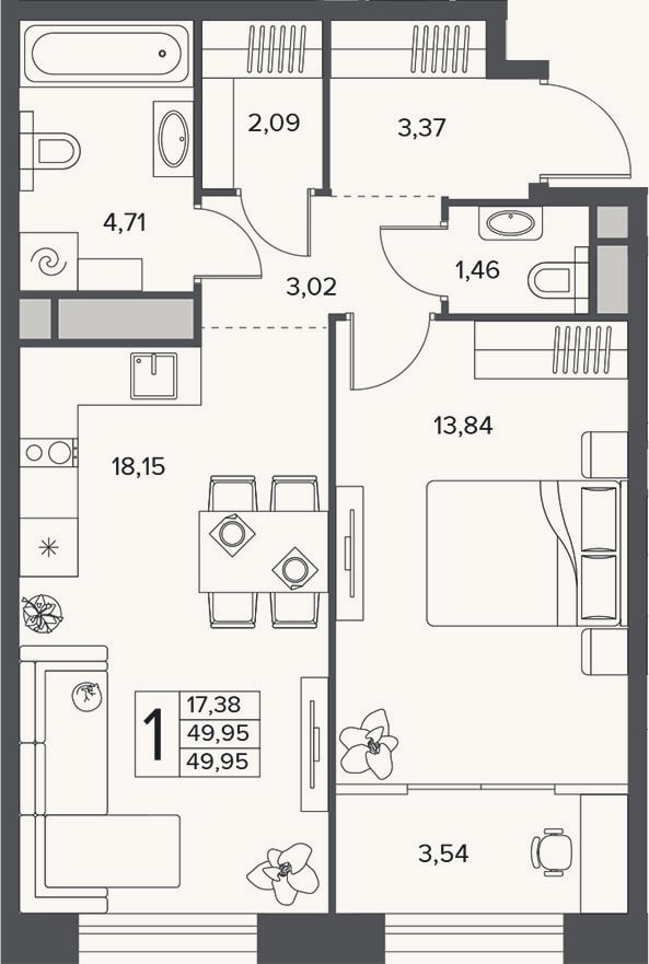 Планировка: 2-к, 50 м²