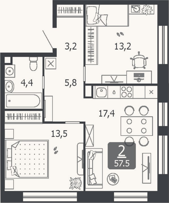 Планировка: 3-к, 57,5 м²