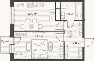 Планировка: 1-к, 38,1 м²