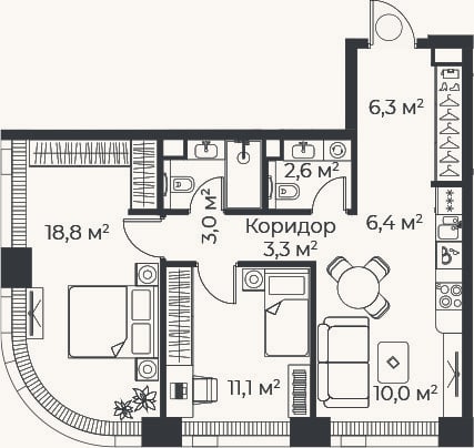 Планировка: 3-к, 61,3 м²