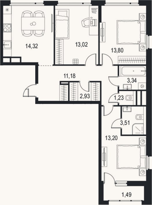 Планировка: 3-к, 76,5 м²