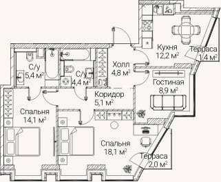 Планировка: 3-к, 70,5 м²