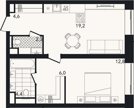 Планировка: 2-к, 49,4 м²