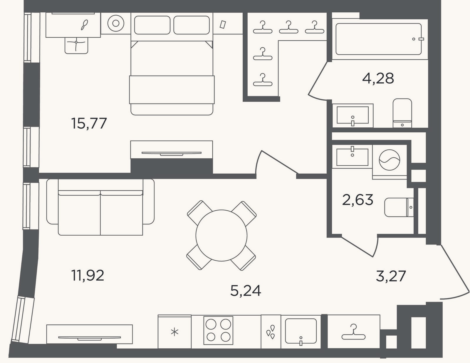 Планировка: 2-к, 43,1 м²