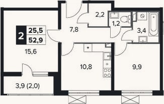 Планировка: 2-к, 50,9 м²