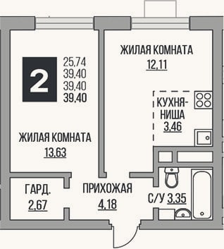 Планировка: 2-к, 39,4 м²