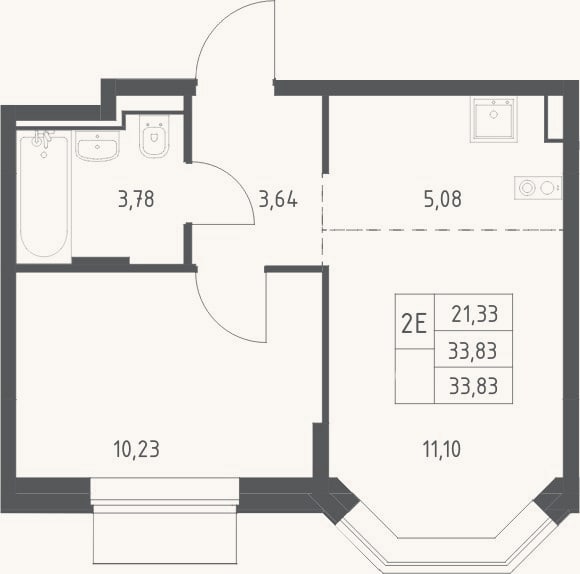 Планировка: 2-к, 33,8 м²