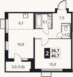 Планировка: 1-к, 44,9 м²