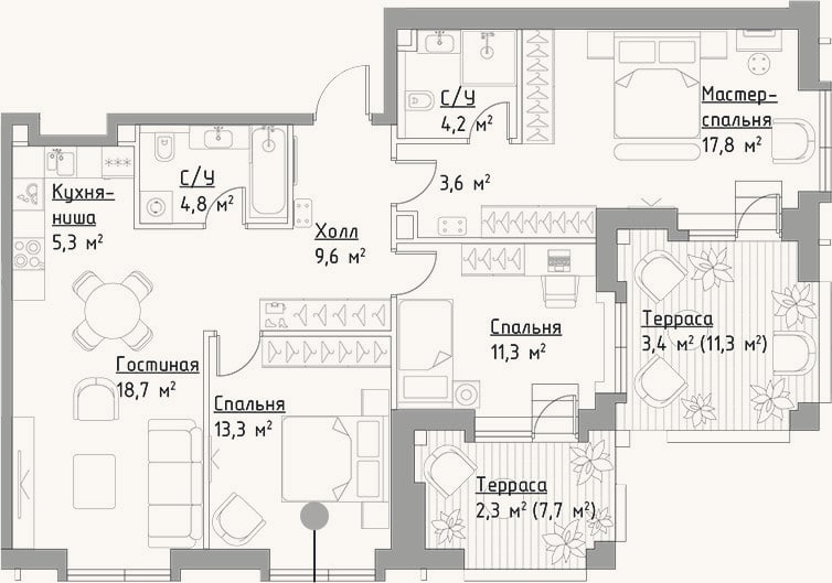 Планировка: 4+ к, 88,6 м²