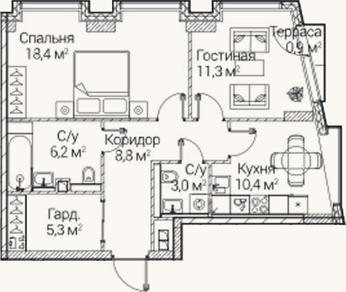 Планировка: 2-к, 63,7 м²