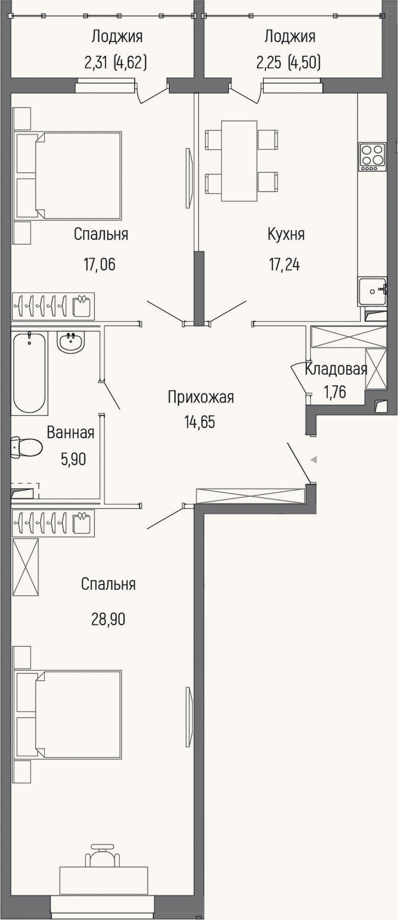 Планировка: 2-к, 85,5 м²
