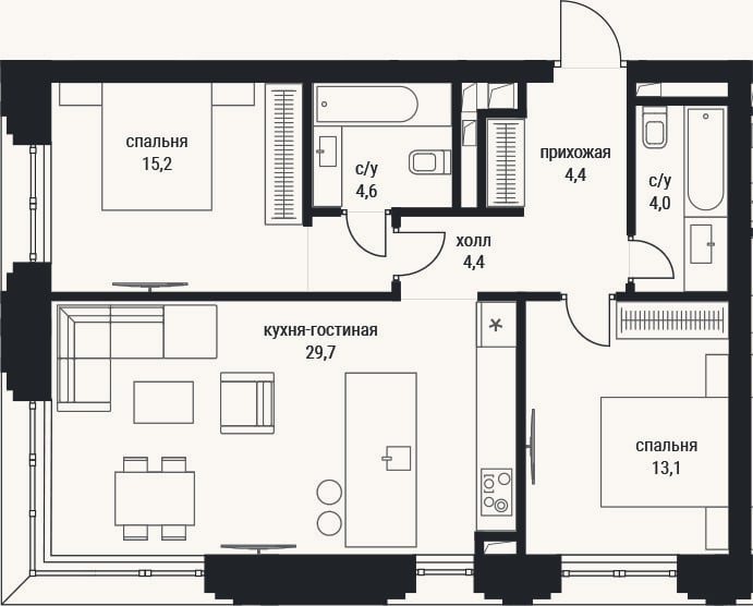 Планировка: 3-к, 75,4 м²