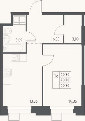 Планировка: 1-к, 40,7 м²