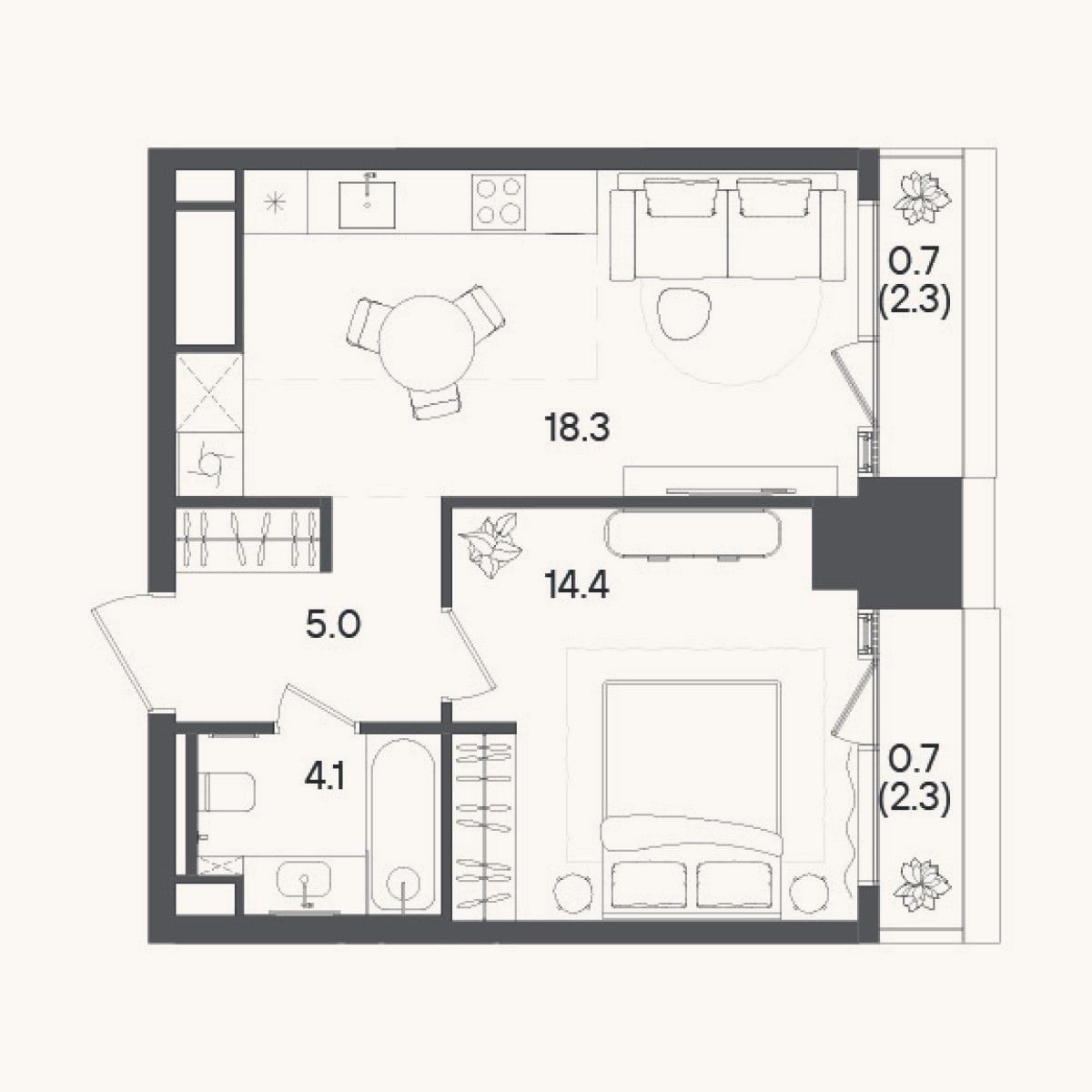 Планировка: 2-к, 41,8 м²