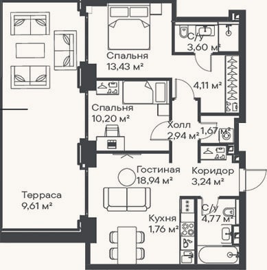 Планировка: 3-к, 64,8 м²