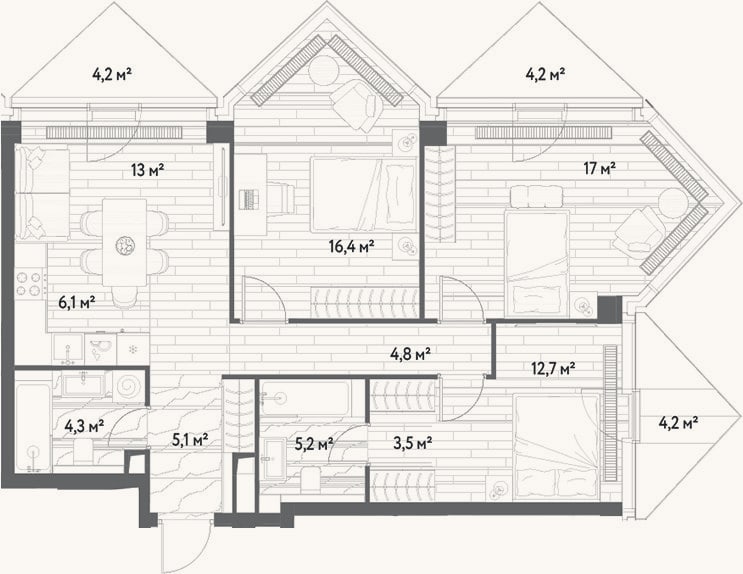 Планировка: 4+ к, 88,1 м²