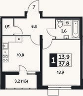 Планировка: 1-к, 36,2 м²