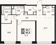 Планировка: 3-к, 82,5 м²