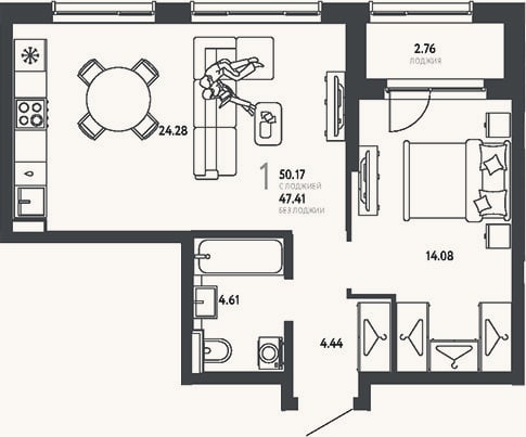 Планировка: 1-к, 47,4 м²