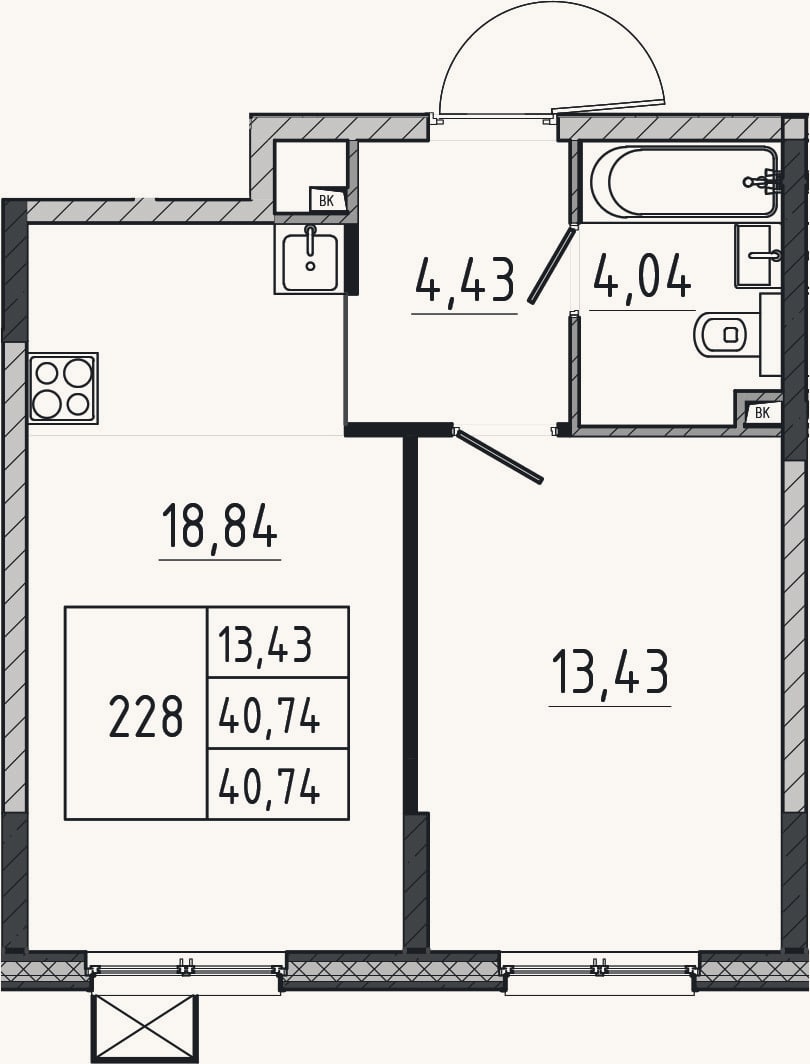 Планировка: 2-к, 40,7 м²