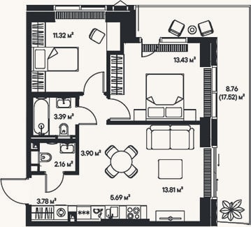 Планировка: 3-к, 57,5 м²